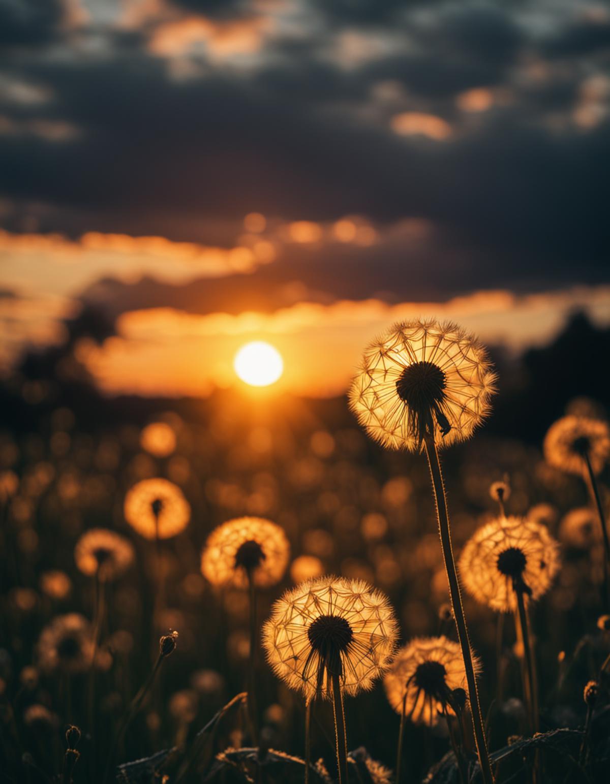 A field of flowers with a sunset in the background.