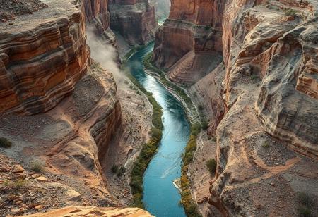 A high quality photo taken on the bottom of a beautiful canyon. a winding river runs in the center and sparse vegetation grow on the cliff wall sides. dust in the air, effortlessly chic, beautiful, artistic, serene, detailed, slightly cluttered environment. High detail, 4k, super realistic, real photo, golden hour, shot on Canon, camera, orange dreamy lighting, vibrant colors, zoomed out, god rays