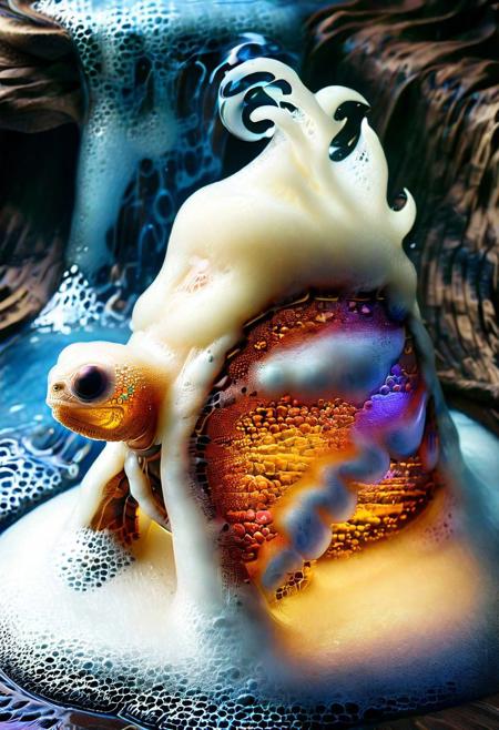 macro photo, a beautiful translucent glass turtle that glows within, glowing lights, beautiful waterfall , made out of multicolored transparent delicate glass, magical sparkles,vibrant whimsical colors <lora:ral-beer:1> made of ral-beer