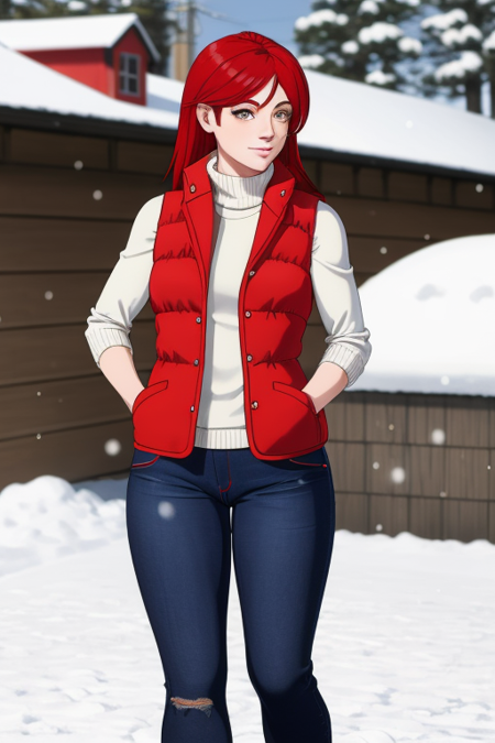 woman, red vest, jeans, snow, sunshine,