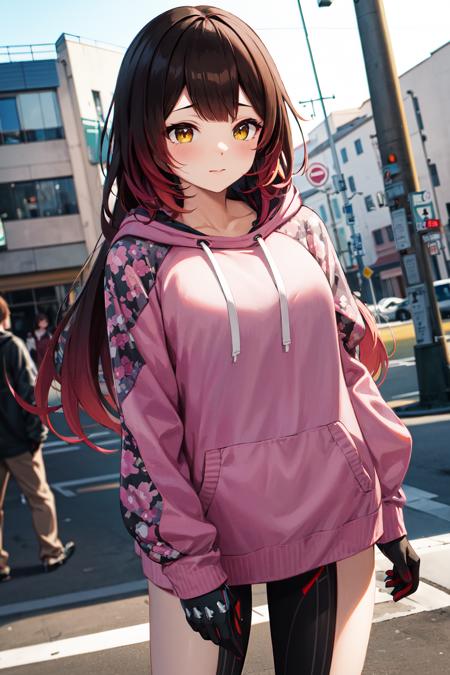 masterpiece, best quality, highres, aaroboco, android, long hair, gradient hair, mechanical arms, mechanical legs, hood, hood down, pink hoodie, long sleeves, gloves, <lora:roboco-san_v1:0.8>, standing, cowboy shot, street,