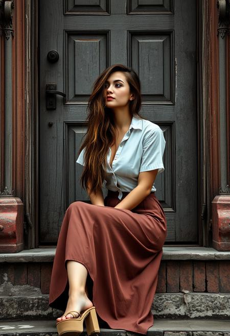 photograph of a woman, long messy brunette hair, looking away from the viewer, sitting on a step in front of a worn old door, wearing a revealing button down t-shirt, long skirt, platform shoes, light makeup, dismal day, cloudy, high dynamic range, vivid, rich details, clear shadows and highlights, realistic, intense, enhanced contrast, highly detailed