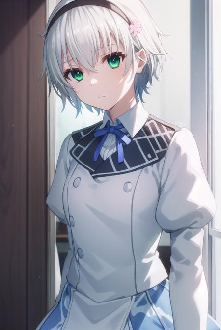 shizukukurogane, <lora:shizuku kurogane s1-lora-nochekaiser:1>,
shizuku kurogane, short hair, hair ornament, (green eyes:1.3), flower, white hair, hairband, hair flower,
BREAK skirt, long sleeves, school uniform, juliet sleeves,
BREAK indoors, classroom,
BREAK looking at viewer, (cowboy shot:1.5),
BREAK <lyco:GoodHands-beta2:1>, (masterpiece:1.2), best quality, high resolution, unity 8k wallpaper, (illustration:0.8), (beautiful detailed eyes:1.6), extremely detailed face, perfect lighting, extremely detailed CG, (perfect hands, perfect anatomy),