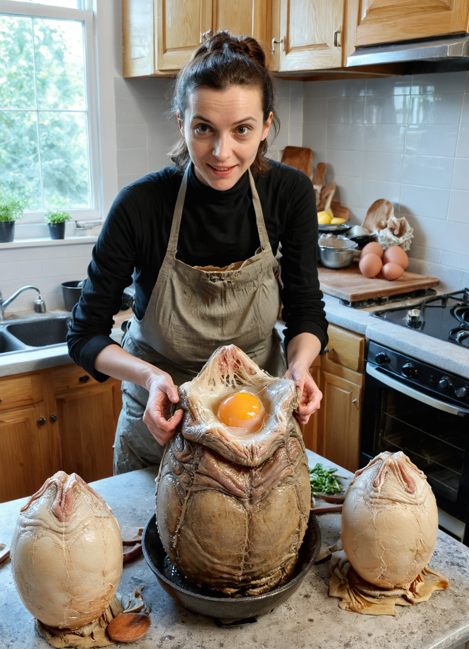 woman housewife with frying pan preparing big xenomorph eggs, xenoegg, satisfied, explains in the kitchen, High detail RAW...