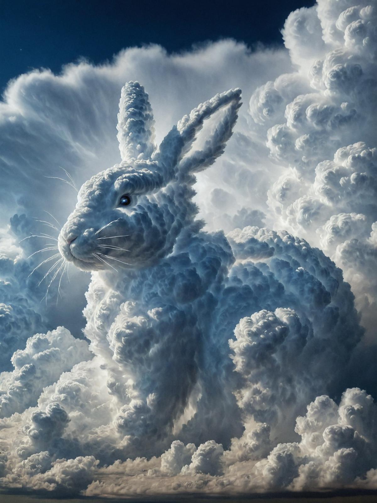 A white rabbit with blue eyes standing in front of a cloudy sky.