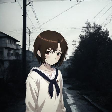 <lora:anime_irl:1>, anime_irl,  

 1girl, asymmetrical bangs, bangs, black shirt, brown eyes, brown hair, building, closed mouth, english commentary, expressionless, hair ornament, io \(onisarashi\), long sleeves, looking at viewer, night, photo background, power lines, shirt, short hair, single sidelock, skyscraper, solo, sweater, upper body, x hair ornament, serial experiments lain, iwakura lain, dark, midnight