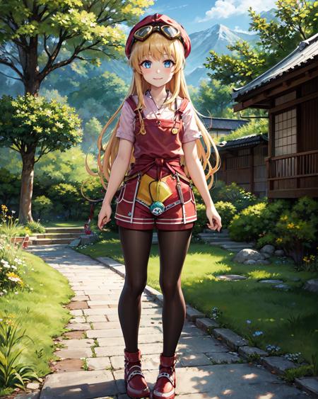 best quality, (masterpiece:1.2), illustration, absurdres,
(1girl), (solo), (beautiful detailed girl), full body shot,
<lora:TitaSky-08:0.8>, Tita Russell, blue eyes, blonde hair, long hair, small breasts, flat chest, petite,
red hat, headwear, goggles on headwear, pink shirt, red apron, pink shorts, black pantyhose, red shoes,
smile, blush, shy, 
grassy mountains, trees, japanese architecture, river, plants,