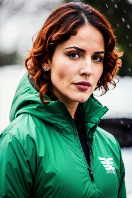 ezg wearing green jaket, red head, falling snow, Katyasitak, closeup, masterpiece, higeres, 4k, hdr, trending on ArtStation, <lyco:EizaG-RealVision-V1.0:1.0>