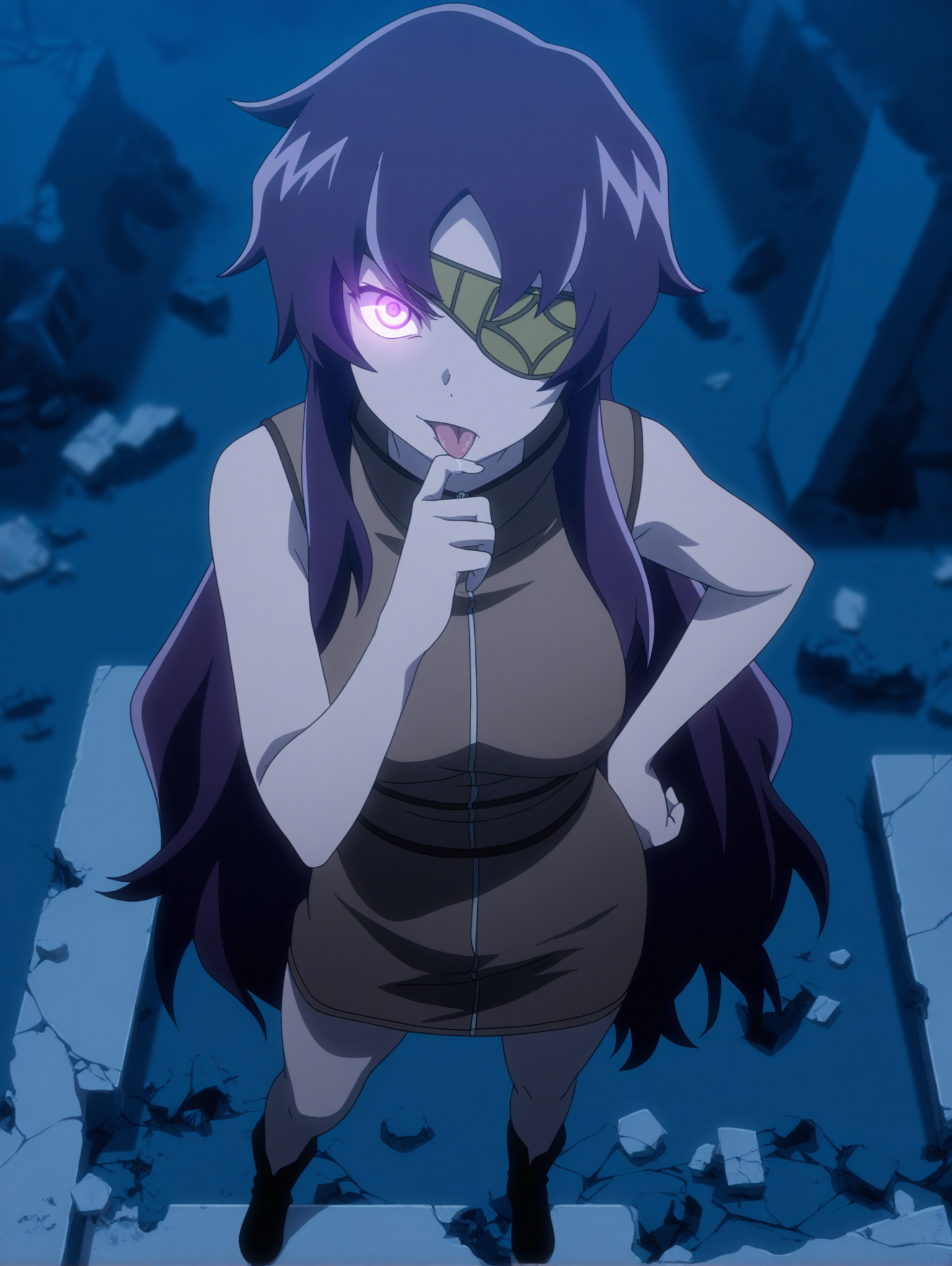 A woman with a single glowing purple eye, long dark purple hair, and a focused expression looking up at the viewer. Her mouth is open with her tongue sticking out, and she holds her right index finger to her tongue while her left hand rests on her hip. She is wearing a sleeveless tan dress with a zipper down the front and a patterned, olive-green eyepatch over her left eye. The scene is dimly lit with a cool, blue ambient light, as she stands on fractured concrete surrounded by rubble.