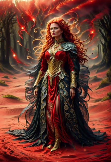 sandswirl, nbn-freyja, (red swirling sand background:2), indoors, standing, 1woman, solo, long hair, black choker, eyeliner, gorgeous lips, covered breasts, cinematic, best quality, ultra-detailed, very aesthetic, (natural eyes:1.4), freckles, aloof, (masterpiece:1.1), small waist, fitness body, wide hips, 32 years old, golden blond hair, censored, (big stained glass windows:1.4), (swirling sand Victorian dress:1.6), (red ruby clothes:1.6), high end closure, Evil Queen, cinemascope, moody, epic, gorgeous, film grain, natural hands, red elbow gloves, knee boots, dramatic, ritual magic, freyja, auburn hair, braided hair, magic, forest, Viking queen, mythic beauty, feathered cloak, fur, armor, robe, braid, rune jewelry, photorealistic, cinematic, flowers, jewelry, photorealism, cinematic lighting, high fantasy, mythic portraiture, soft background, northern folklore aesthetic, (fully dressed:2), (RAW photo), 4K, best quality, realistic, photorealistic, masterpiece, extremely detailed, an extremely delicate and beautiful, dynamic, realistic anatomy, candle lighting, perfect shading, professional shading, depth of field, great lighting, goth wedge boots, elegant, gorgeous, highly detailed, detailed fluorescent hair with dark roots, 35mm, f1.4, dark lipstick, full shot photo, perfect face, perfect anatomy, cute, beautiful, perfect beauty, amazing beauty, absolutely perfect, perfect skin, gentle, highly detailed, breathtaking, clear skin, (swirling sand clothes:2.6).