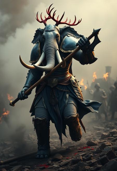 hyperrealistic, anthropomorphized elephant/human female (with female human body, elephant head with human features), grey skin, bald, large tusks, elephant trunk, 
knight, blue and gold full armor, long pelvic curtain, muscular thighs, holding a midevil war-hammer, knight, crown of red antlers,
charging into battle, fighting, hero pose, surrounded by smoke, surrounded by blood, blood splattered on floor, midevil battlefield, burning rubble, 
cinematic composition and lighting. Masterpiece. Very detailed.