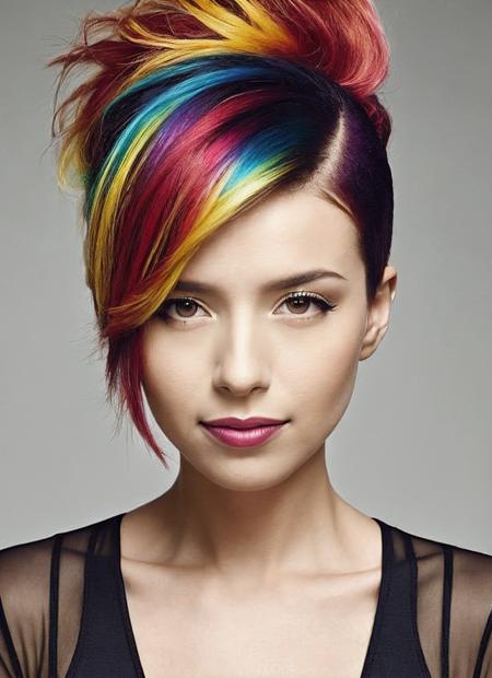 portrait of sks woman by Flora Borsi, style by Flora Borsi, bold, bright colours, rainbow Mohawk haircut, ((Flora Borsi)), <lora:locon_pokimane_v1_from_v1_64_32:1.25>