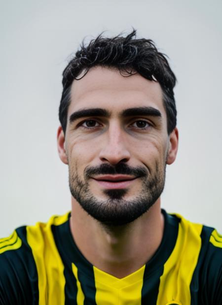 <lora:Hummels:1> raw photo, man, soccer jersey, view from below, smiling, 8K, RAW, HD, stunning masterpiece, closeup, portrait, detailed face, detailed eyes