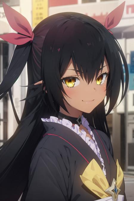 master nemesis, dark-skinned female, black hair, very long hair, twin tails, yellow eyes, flat chest kimono, obi, ribbon