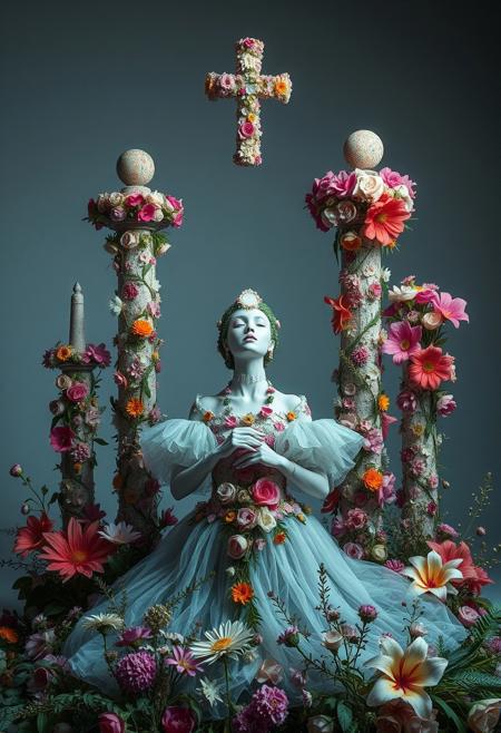 Seeking Peace From Worldly Endeavors,
floral surrealism, recycled materials, columns and totems, nature-inspired camouflage, flowerpunk aesthetic, delicate textures, flamboyant design, studio photography, intricate details, organic shapes, soft lighting, vibrant yet ethereal composition, artistic fashion, sculptural elegance