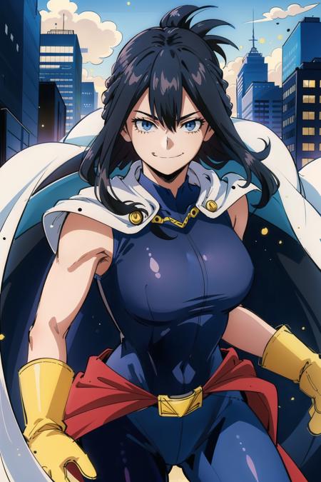 (masterpiece, best quality:1.4), cinematic light, colorful, high contrast, (1girl), NanaShimura, boku no hero academia,  <lora:NanaShimuraMHA-v1-1:1>, ((yellow gloves)), black hair, long hair, [folded ponytail:0.5], (white cape), (large breasts), blue eyes, sleeveless, whole bodysuit, hair between eyes, belt, city, smirk,