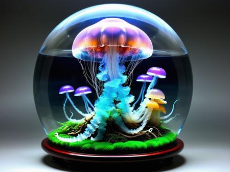 biolumiscent colorful jellyfish inside a translucent mushroom, dark bonsai style,Albrecht Dürer,James Christensen,Enoch Bolles,Mark Lague,amazing depth,beautiful complementary colours,whimsical,dramatic light,intricate masterwork by head of prompt engineering <lora:f412glass_base_c:0.8>