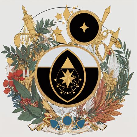 <lora:Armorial-37:1> Blazon,
coat_of_arms, 
(white_background:1.3), (simple_background:1.3),  (flat_color:1.3), no_humans, symmetry, 
no_humans, star_(symbol), portuguese_text, white_background, triangle, parody,  simple_background, flat_color,
circle, torch, plumbob, chain, branch, leaf,, (masterpiece:1.3), (best_quality:1.3), (ultra_detailed:1.3), 8k, extremely_clear,