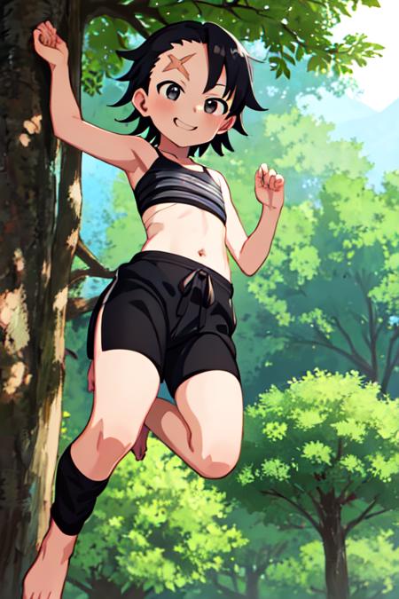 masterpiece, best quality, <lora:kunoichi_itadori:0.7> kunoichi_itadori, 1girl, solo, black eyes, black hair, short hair,  chest sarashi, scar on forehead,  black pants, obi, navel, flat chest, outdoors, tree, smile,