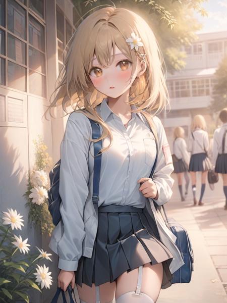 <lora:baozhi:1>,1girl, skirt, blonde hair, flower, hair ornament, hair flower, blurry background, bag, looking at viewer, solo, school uniform, yellow eyes, blurry, shirt, white shirt, long sleeves, blush, garter straps, bangs, jacket, pleated skirt, short hair with long locks, thighhighs, outdoors, alternate costume, black skirt, blue skirt, sidelocks, collared shirt, cowboy shot, parted lips, thighs, from side, white flower, school bag