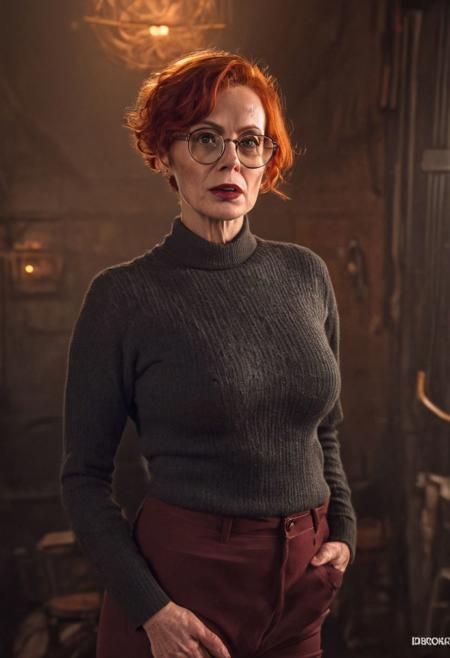 60 years old milf, full bodys sexy pose,( slutty woman:1.3), (perfect sexy body:1.9), (narrow waist:1.6), (large Pendulous breasts), long slender legs, big ass, thick thighs, (beautiful:1.8), ( short red hair), ( intricate detail:1.2), looking at viewer, cinematic, shirt <lora:UnderboobV1:0.85>, (dark shot:1.17), epic realistic, faded, art, (hdr:1.5), hyper detailed, (artstation:1.5), cinematic, warm lights, dramatic light, (intricate details:1.1), complex background, (rutkowski:0.8), big eyes,  thick glasses, skindentation, freckles, (parted lips:1.25), <lora:colorize:0.8>,soft body