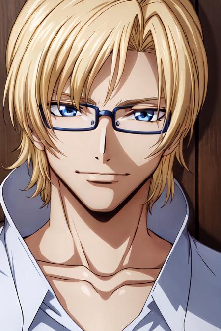 (masterpiece, best quality:1.2), highres, anime screencap, anime coloring, 1boy, solo, male focus, smirk, closed mouth, 
Schneizel_ELB_V1, mature male, blonde hair, short hair, bangs, blue eyes, (small eyes:1.2), glasses, 
white shirt, stiff collar, collarbone, 
looking at viewer, facing viewer, 
<lora:add_detail_CyberAlchemist:0.4>, <lora:GoodHands-beta2:0.8>, <lora:SchneizelELBV1-000010:0.9>