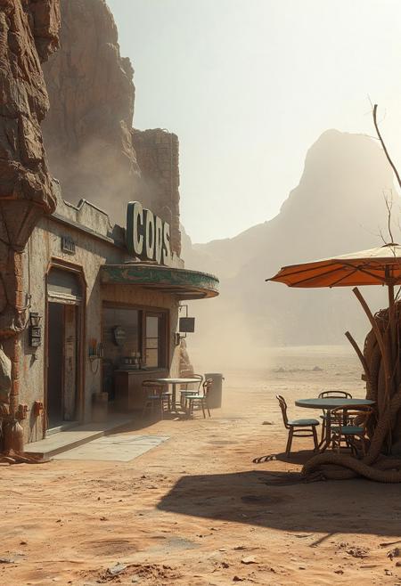 An outside view of a futuristic abandoned, partially destroyed lonely coffee shop, post apocalyptic barren planet, dry and dusty, parched surface, hot windy atmosphere, dust blowing
