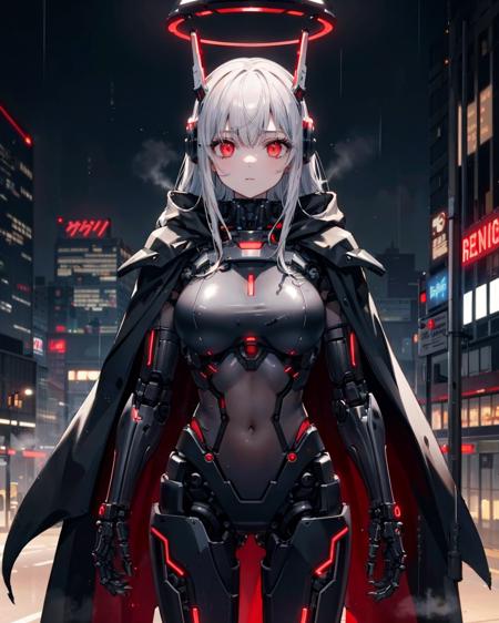 1girl,solo,large breasts, 
cyberpunk,outdoors,ruins,cityscape, red eyes, very long hair, 
<lora:T88[mecha musume, mechanical parts, robot joints,android,mechanical body,headgear]:0.6>,
mecha musume, mechanical parts, robot joints,android,mechanical body,
standing, cowboy shot, expressionless, mechanical halo, rain, headgear, steaming body,neon trim, neon lights,navel,cloak, glowing eyes,