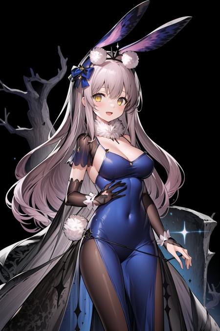 masterpiece,high quality,1girl,(solo:1.2),open mouth,(happy:1.2),(standing),looking at viewer,long hair,light gray hair,yellow eyes,rabbit ears,large breasts,Kaavi_original,long black glove,black pantyhose,fluffy collar,