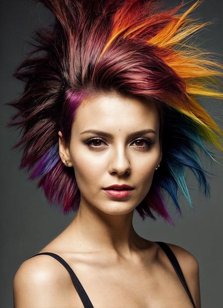 portrait of sks woman by Flora Borsi, style by Flora Borsi, bold, bright colours, rainbow Mohawk haircut, ((Flora Borsi)), <lora:locon_victoriajustice_v1_from_v1_64_32:1>