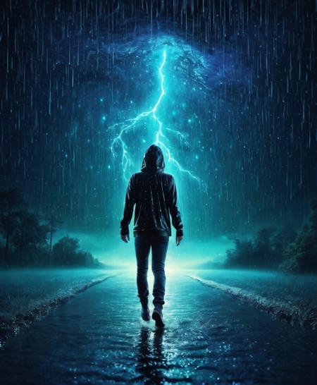 High resolution,mystical and enchanting image,dark and rainy ambiance,luminescent t-shirt and hoodie,running with empty inside,intricate and captivating designs,dreamy deep space,luminescent rain,floating person,surreal and otherworldly,ethereal mood,