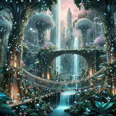 8k, score_9, score_8_up, score_7_up,
jungle City, Bioluminescent Metropolis
BREAK
A breathtaking, panoramic view of a sprawling jungle city seamlessly integrated with a colossal, vibrant rainforest. Towering structures, formed from a living, iridescent, pearl-like chitin and interwoven with giant trees, create a canopy-level metropolis. The city is alive with natural, soft bioluminescence in hues of ethereal blue, soft pink, and glowing green, emanating from exotic flora and fungi. Massive waterfalls cascade down the organic architecture, and rope bridges and vine-covered walkways connect the different levels. Exotic, pearl-winged jungle creatures fly between the towering tree-structures, adding to the city's dynamic life. The atmosphere is a stunning fusion of untamed nature and advanced, organic civilization.
BREAK
jungle, rainforest, cityscape, Pearlum, organic architecture, living city, bioluminescent, pearlescent structures, iridescent materials, glowing flora, giant trees, waterfalls, hanging bridges, vines, mythical creatures, jungle creatures, flying beings, intricate details, epic composition, vibrant, lush, wild
BREAK
masterpiece, best quality, ultra-detailed, painterly, magical lighting, 8k UHD, vibrant colors, sharp focus