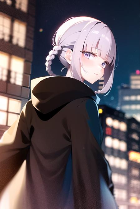 nanakusa nazuna,

1girl, closed mouth, coat, looking back, overcoat, black overcoat,  hooded overcoat, short hair, from behind, solo,  hair rings, light purple hair , blurry background, city, 

<lora:nanakusa_nazuna_offset:1>