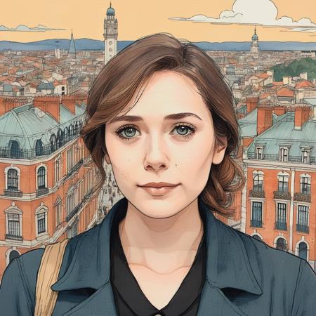 Studio ghibli style illustration of the face of a woman looking at the viewer with a victorian city square in the background,  elxolsn,  <lora:eliolsen_2012_juggerX_xl_1_wocap-elxolsn-000120:1.05>