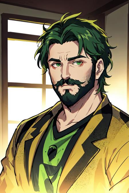 Beetlejuice Slime Tutorial,  1boy,  beard,  green hair,  facial hair,  indoors,  looking at viewer,  male focus,  mustache,  portrait,  shirt,  solo, <lora:EMS-49369-EMS:0.600000>