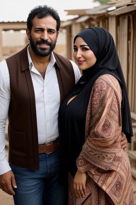 high quality, egytian style, traditional clothes, happiness, smile,  brown eyes, dark hair, 1male, dilf, rough looking, manly face, strong facial features, full beard, thick hair, hairy chest, hairy body, 1female, huge tits, big boobs, curvy body, big Cleavage, wide hips, thick hips, hijab, soft focus, soft light, 2characters, 2peoples, straight couple, couple,