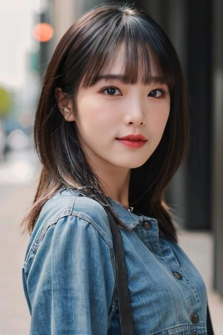 a woman, (realistic), (hyperrealism), (photorealistic), depth of field, eye makeup:0.5, (upper body:1.2), (narrow waist:0.7), looking at the viewer, casual outfit, at the city streets, <lora:yenatest:0.45>