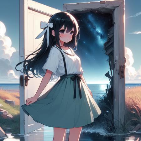 open door night sky inside frame standing in water light black ponytail white shirt green pleated skirt ruins outdoor makoto shinkai style