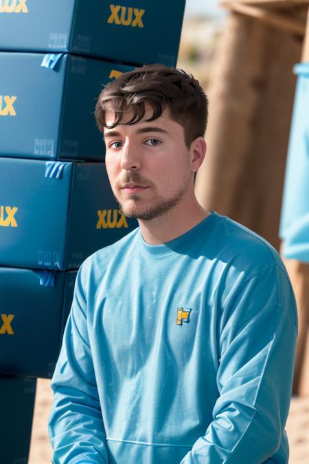 a man, in front of a stack of blue gift boxes, on a beach, [upper body:0.1], (close up:1.4), 8k, raw, uhd, fujifilm x-t3, ((candid, amateur)), <lora:mrBeast:1>