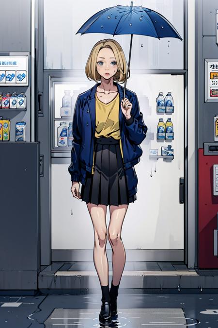 masterpiece, best quality, woman, full body, blonde hair, wearing  jacket, wearing pleated skirt, standing, in front of convenience store, hand holding umbrella, rain, water drop, <lora:rainydays:0.6>