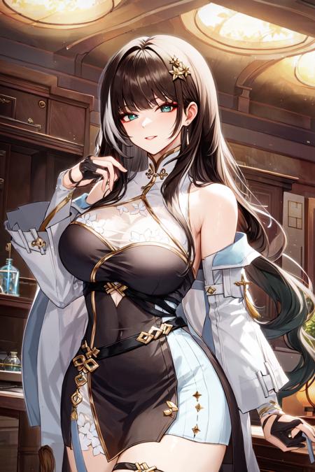 baizhi, green eyes, black hair, white hair, streaked hair, very long hair green hair, gradient hair china dress, cleavage cutout, detached sleeves, bare shoulder, thigh strap, fingerless gloves, hair ornament