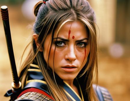 from a Quentin Tarantino movie, (indistinguishable from reality:1.4), A beautiful (1990s Jennifer Aniston:0.99) samurai fighting, Katana, bruised, blackeye, battle to the death, war, (detailed facial features), Nikon FM2, 35mm SLR
