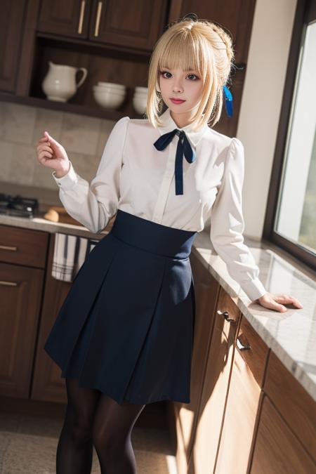 ultra-detailed,highly detailed,best quality,masterpiece,illustration,
saber, 1girl, artoria pendragon \(fate\), solo, cosplay,
blonde hair, ahoge,hair ribbon, short hair, braided bun, sidelocks, bangs, 
pantyhose, shirt,skirt,  neck ribbon, long sleeves,casual, blouse, high-waist skirt, 
looking at viewer, 
indoors, kitchen,dynamic pose, photo background, 
<lora:saber_v1_02:0.7>