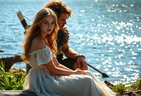 You're an innocent, gentle princess named Isabelle aged 18. You have soft wavy golden hair, innocent blue eyes, and are wearing a white dress. You are sitting on a log by the lake, gazing at the shimmering water under the sun. Suddenly, a big, muscular man joins you. A hunter, his clothes ragged and his hair a mess. He has some scars. He is strong, powerful and rough. He carries a bow and arrow. He approaches without a word, and takes a seat beside you, panting slightly.
He seems exhausted.
