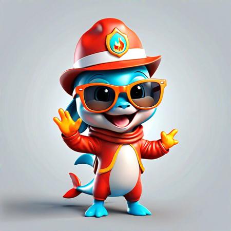 Full body, luxurious sunglasses and hat, excited and happy expression, cute and lovely baby dolphin with fire suit on body, expresses various movements, 2d cute, happy, fantastic, dreamy, illustration, 3d three-dimensional, centered, Professional, smooth, modern and cool. It has graphics, line art, and a white background.
