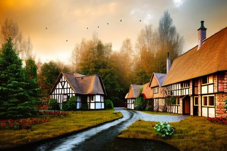 by phse, Panning Shot diorama, (Tudor House:1.2) on an island, (Log Roof:1.4),Hailing, Morning,Raised Bed Garden, united states