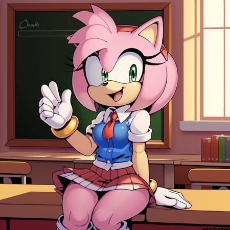 <lora:AmyRose1:1>, (masterpiece best quality:1.2), hdr, (uploaded on e621), (((by nitro, by chadthecartoonnut, by marthedog)), amy rose, 1girl, looking at viewer, smile, short hair, open mouth,  gloves,  full body, hairband,  skin tone arms, white gloves, happy, red footwear, furry, furry female, red hairband, animal nose, solo, sonic the hedgehog \(series\), green eyes, animal ears, pink hair, pink fur, white stripped boots, perfect anatomy, detailed background, detailed, perfect hands,  sitting, 5 fingers, indoors, classroom, desk, books,  schoolgirl uniform, school uniform, skirt, bow, medium breasts, white button up shirt,