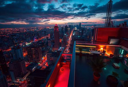 Penthouse, night city view, cyberpunk themed, retrowave,