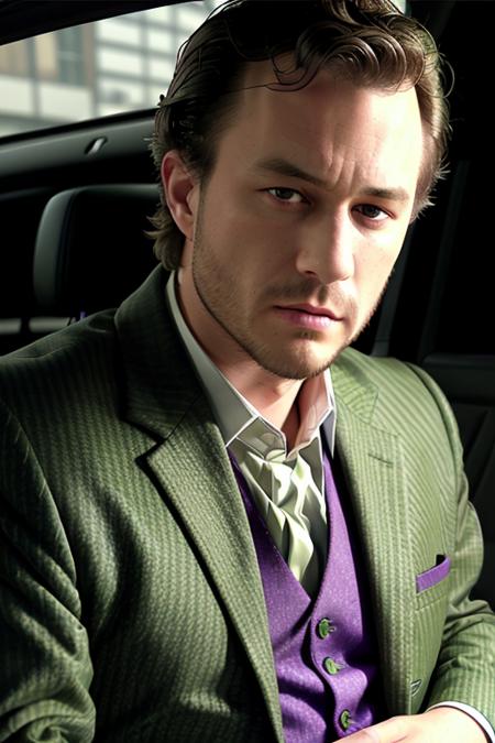 close up of a man in the back of a cop car, <lora:h34thl3dg3r:1>, dirty hair,, (purple suit, green vest), angry, ominous lighting, RAW, 8K, UHD, cinematic lighting