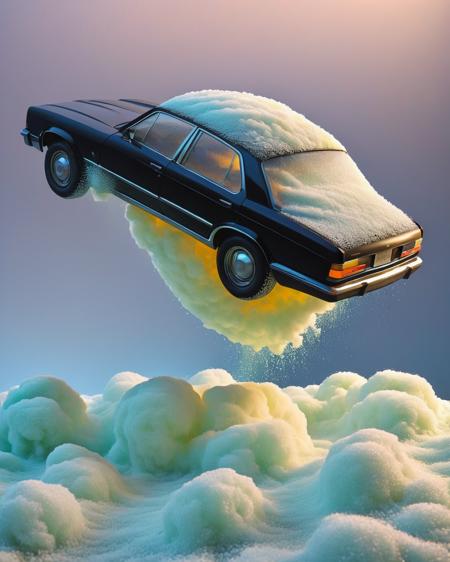 a car is floating in the Spray Foam, Dirk Crabeth, david rudnick, concept art, hyperrealism<lora:Car_Dream:1>